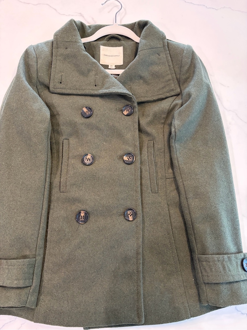 Thread & Supply Olive Green Double-Breasted Peacoat